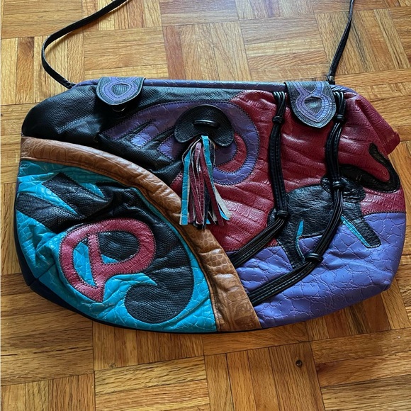 Genuine leather multicolored oversized bag/clutch w/elephant and fringe. - Picture 2 of 11